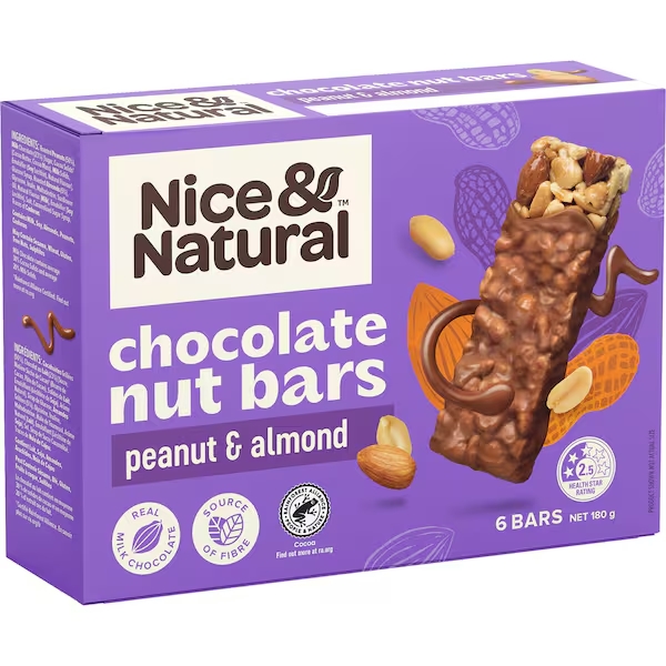 Nice & Natural Chocolate Nut Bar Peanut Almond 6 Pack 180g