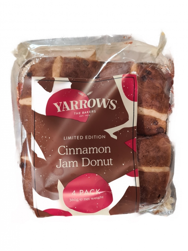 Yarrows Hot Cross Buns Cinnamon Jam Donut 4 Pack 360g