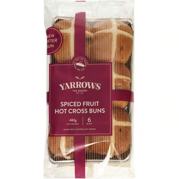 Yarrows Hot Cross Buns Spiced Fruit 6 Pack 480g